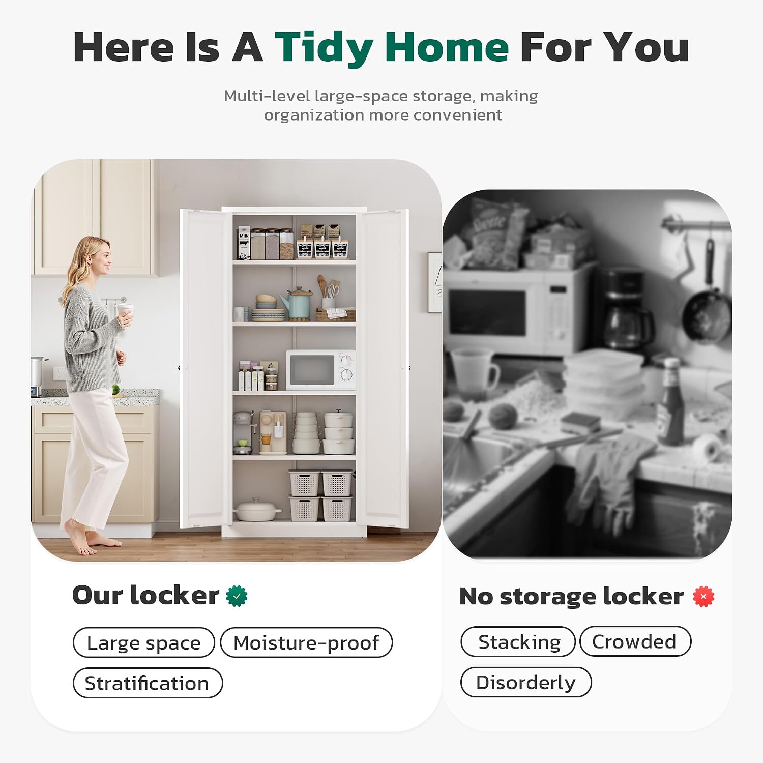 Greenvelly Metal Cabinet, 63' H White Metal Storage Cabinet with Doors and 4 Shelves, Pantry Storage Cabinet for Kitchen, Bedroom, Living Room, Office (Modern)