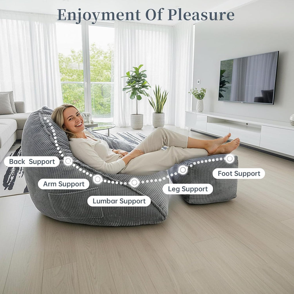 Ultra Soft Bean Bag Chair for Adults with Ottoman, Oversized Floor Sofa for Living Room, Gaming, Lounging, Napping (Gray)
