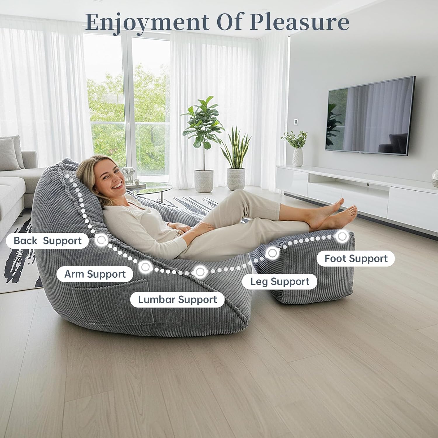 Ultra Soft Bean Bag Chair for Adults with Ottoman, Oversized Floor Sofa for Living Room, Gaming, Lounging, Napping (Gray)