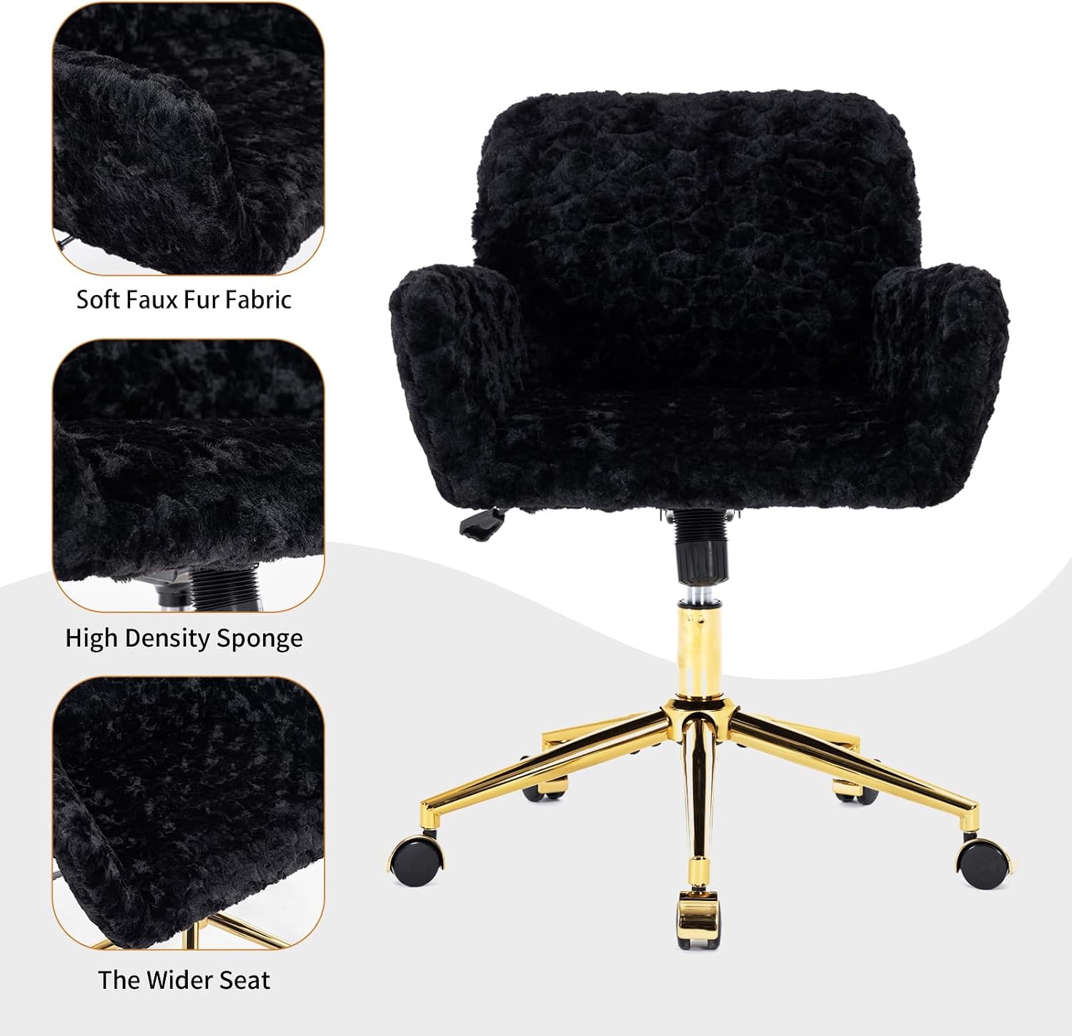 Shenyon Black Office Chair Faux Fur Vanity Chair, Comfortable Home Office Desk Chairs with Wheels and Arms, Swivel Wide Office Chair Makeup Chair Height Adjustable for Office, Study, Bedroom, Black