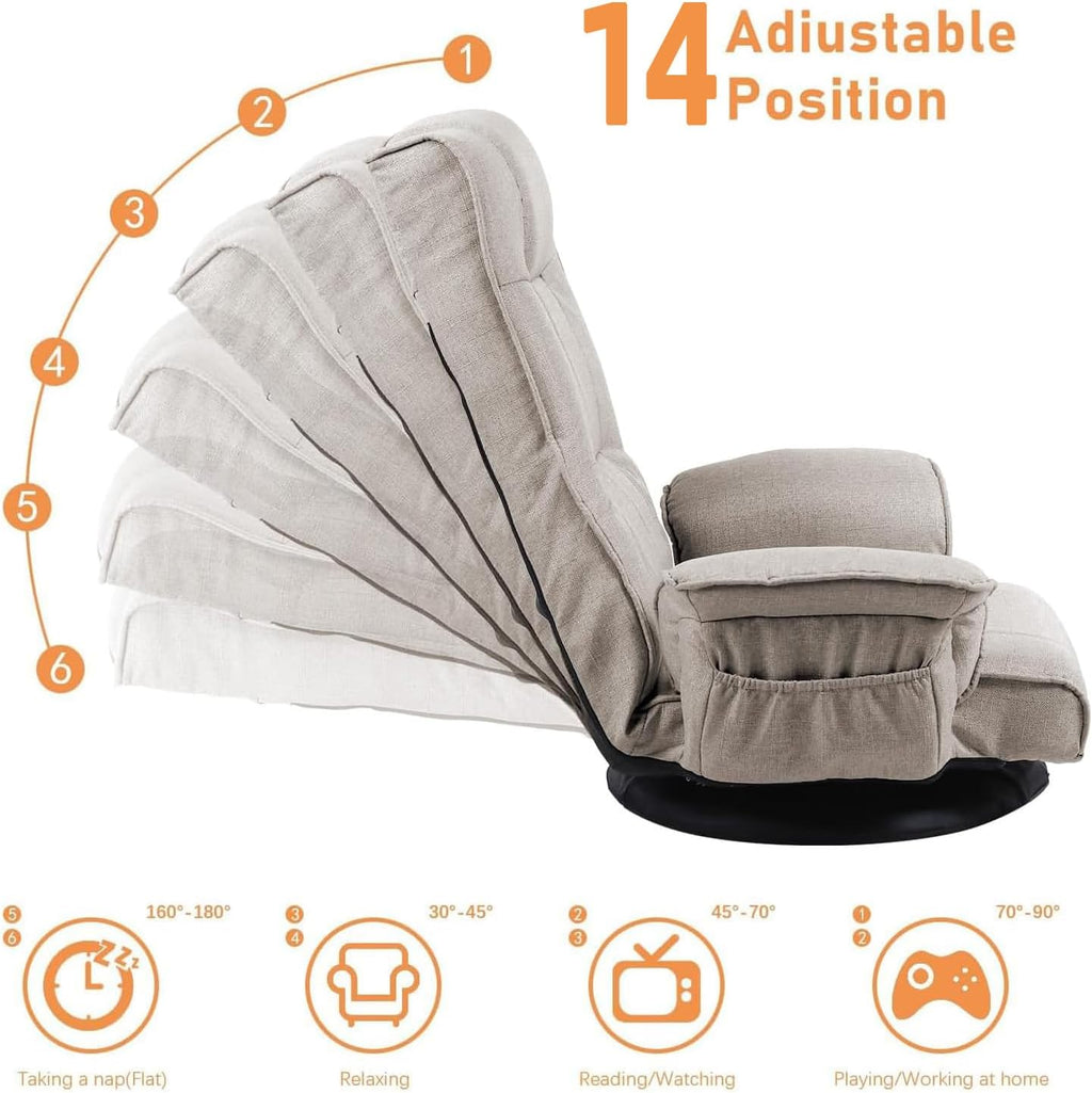 360 Swivel Gaming Chair 14-Position Adjustable Folding Floor Sofa with Armrests Lounger Bed for Home & Living Room Chaise Lounge Indoor for Adults QL201BE