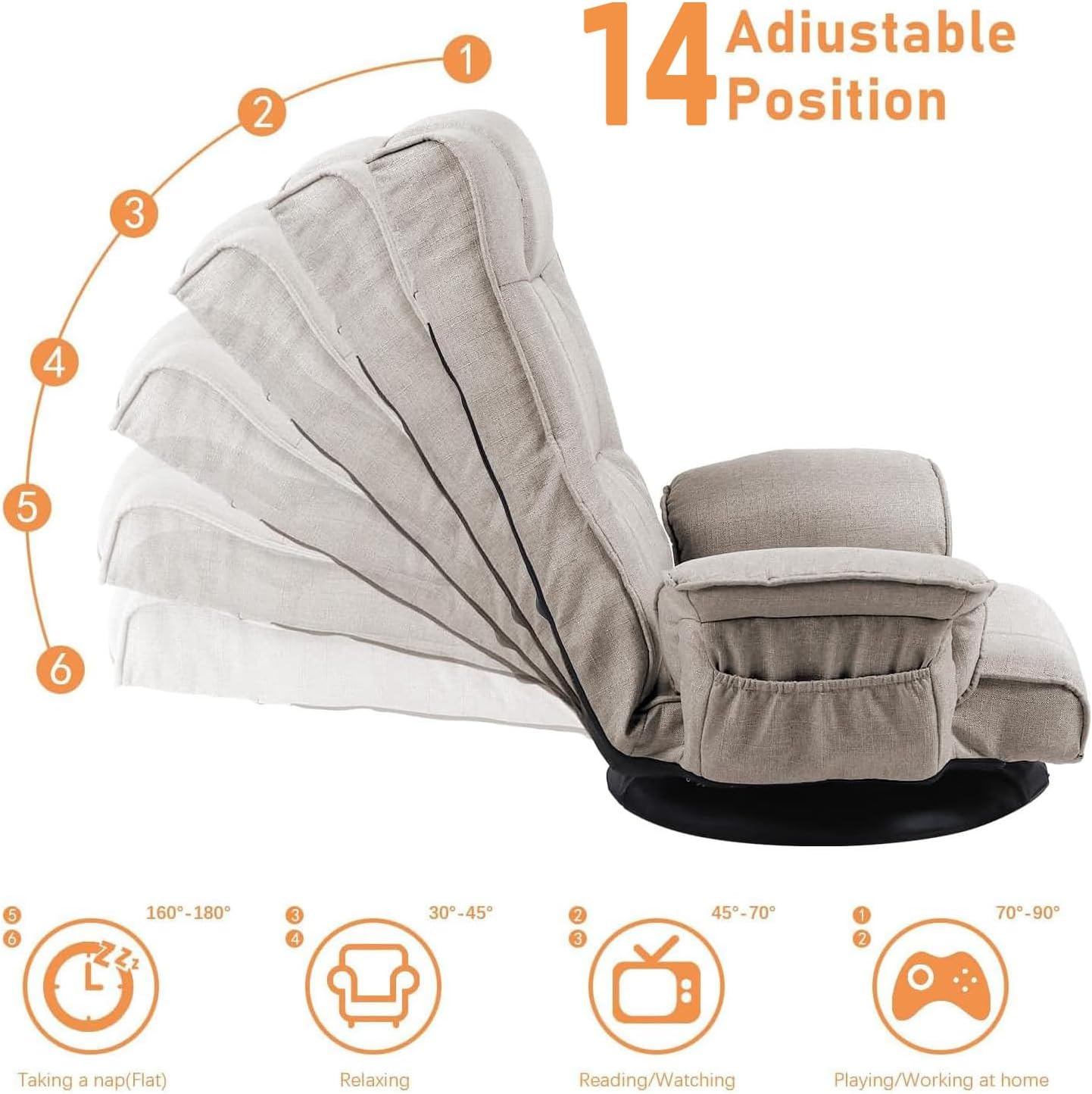 360 Swivel Gaming Chair 14-Position Adjustable Folding Floor Sofa with Armrests Lounger Bed for Home & Living Room Chaise Lounge Indoor for Adults QL201BE