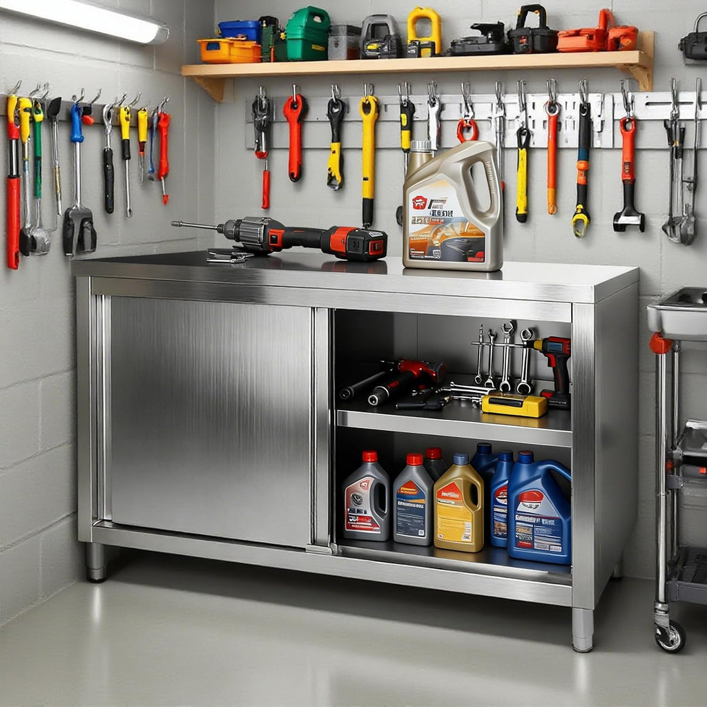 Stainless Steel Work Table with Cabinet 48'x20',Commercial Kitchen Workbench with Sliding Doors for Prep Work, Heavy Duty Prep Table for Restaurant,Garage,Warehouse