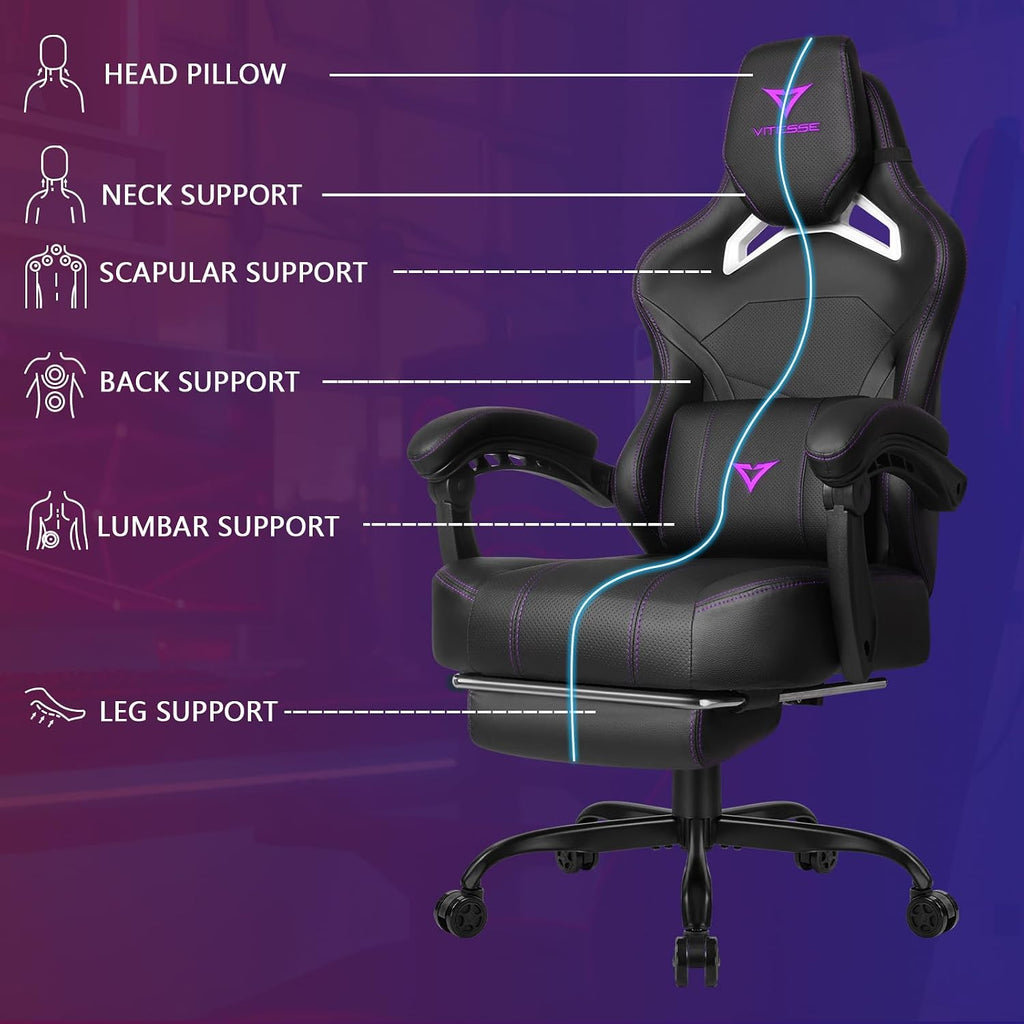 Waleaf Big and Tall Gaming Chair for Adults with Footrest, 400lbs Weight Capacity Video Game Chairs for Office, Ergonomic Computer Gaming Chair with Lumbar Support and Headrest (Purple)