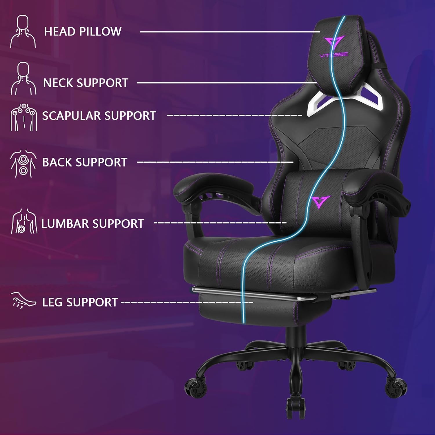 Waleaf Big and Tall Gaming Chair for Adults with Footrest, 400lbs Weight Capacity Video Game Chairs for Office, Ergonomic Computer Gaming Chair with Lumbar Support and Headrest (Purple)