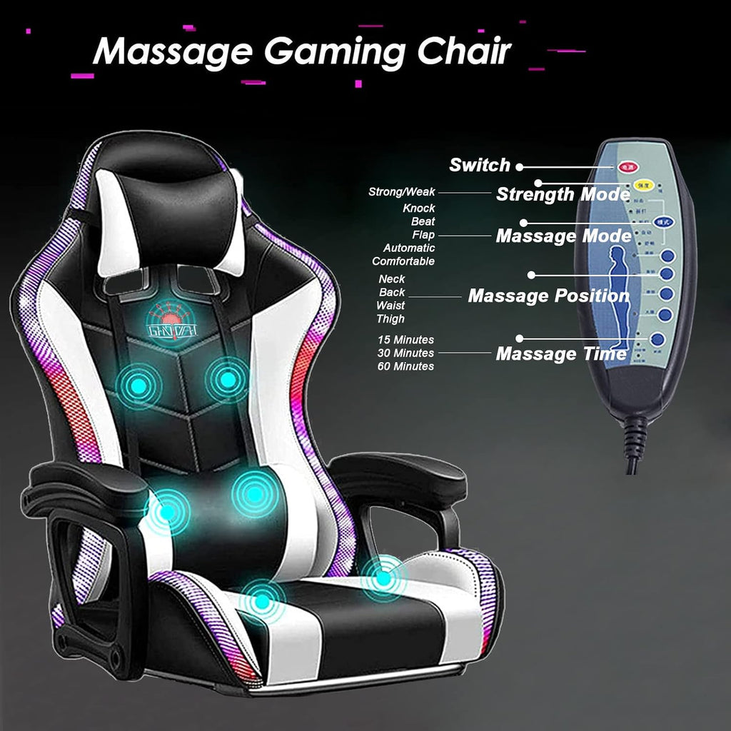 LED Gaming Chair with Speakers, Massage Computer Chair Ergonomic Racing Office Chair PU Leather Recliner Swivel Gamer Chair with Lumbar Support Headrest Armrest and Footrest,Black