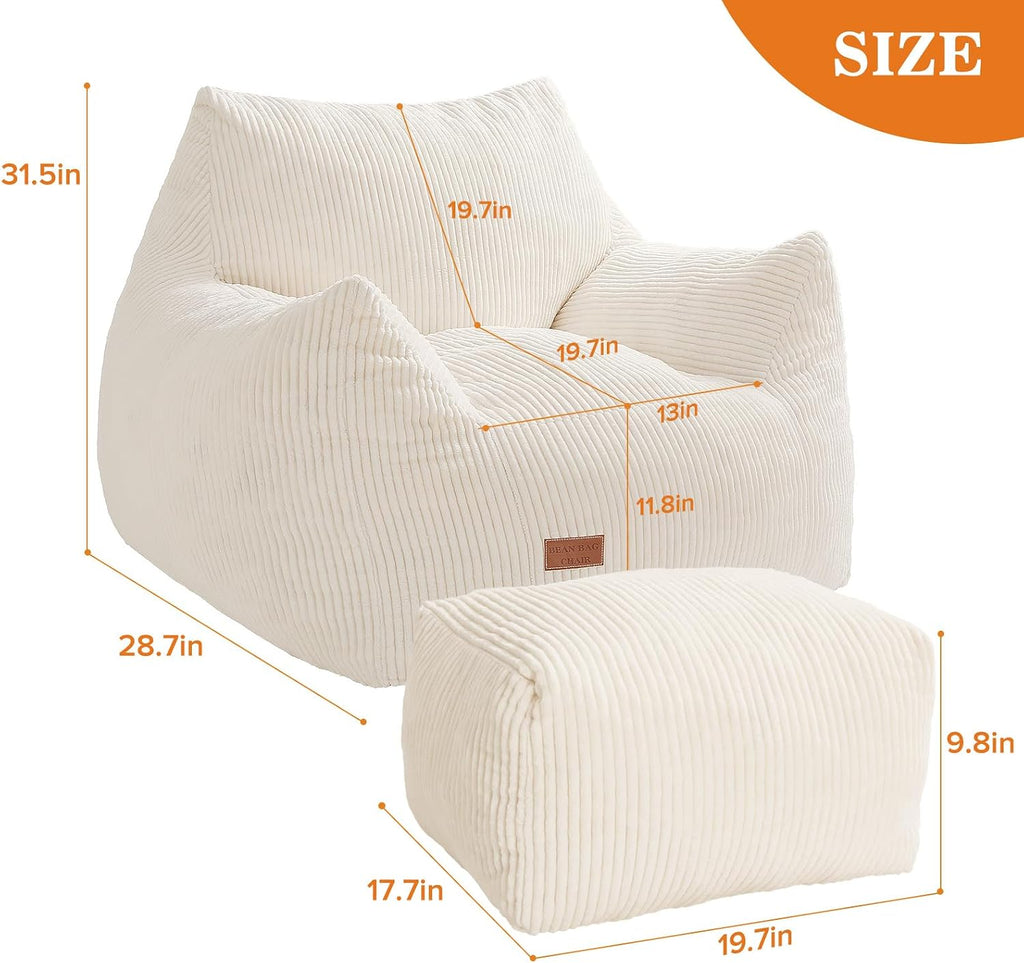 Big Bean Bag Chair for Adults, Ultra Soft Living Room Bean Bag with Armrests & Ottoman, Stuffed BeanBag Chair for Napping, Gaming, Vacuum-Compressed for Easy Gifting, 48h to Expand Beige