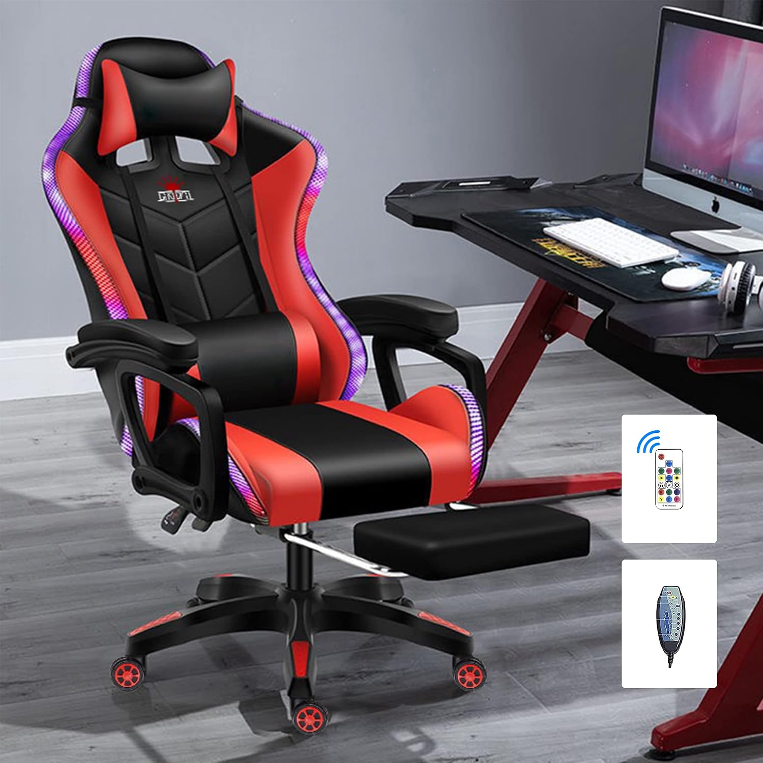 RGB Gaming Chair with Speakers and Massage, Racing Computer Chair with Massage and Footrest for Office or Gaming. (Black+Red)