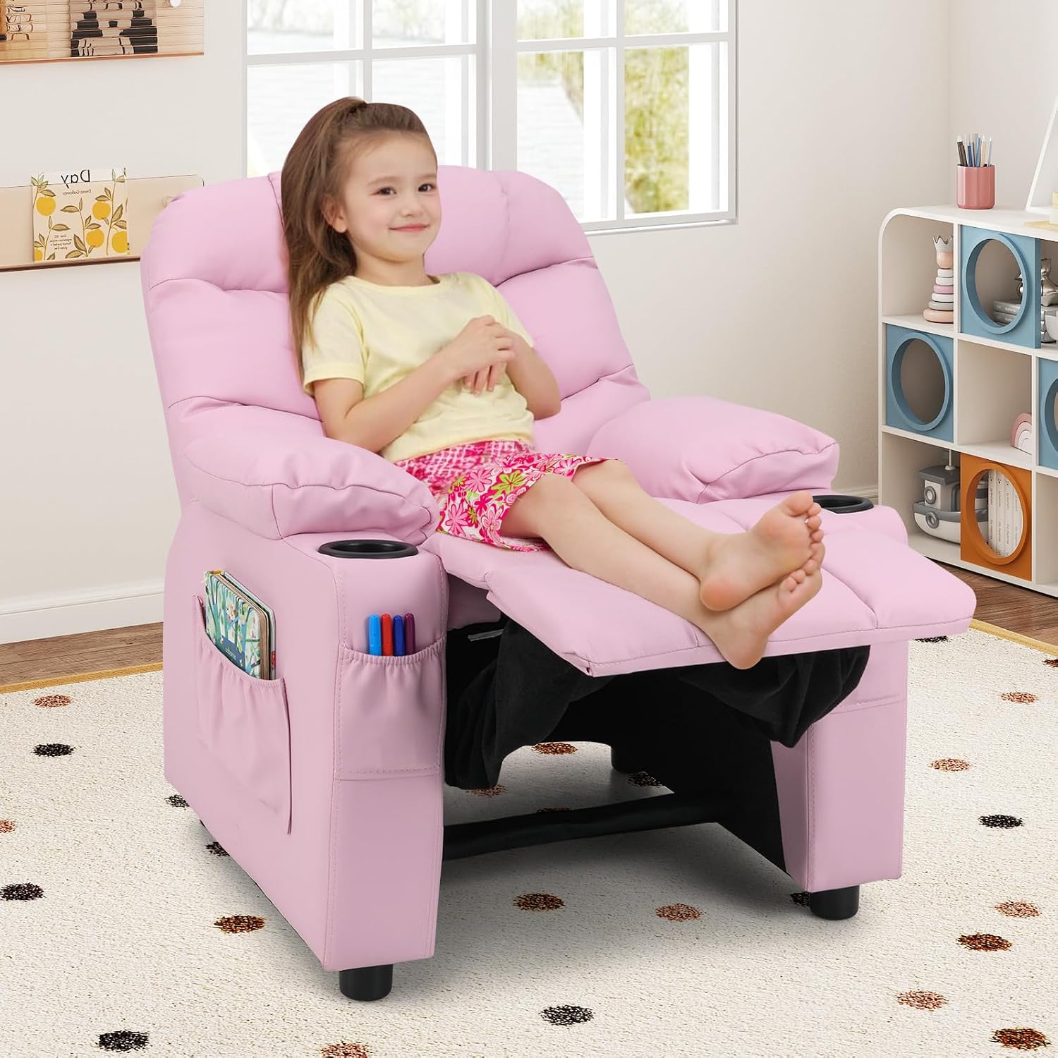 MAT EXPERT Kids Recliner, Leather Adjustable Reading Gaming Chair w/ 2 Cup Holder, 3 Side Pocket Storage & Footrest, Kids Couch,Toddler Recliner Sofa for Boys Girls, Kids Room Playroom Nursery (Pink)