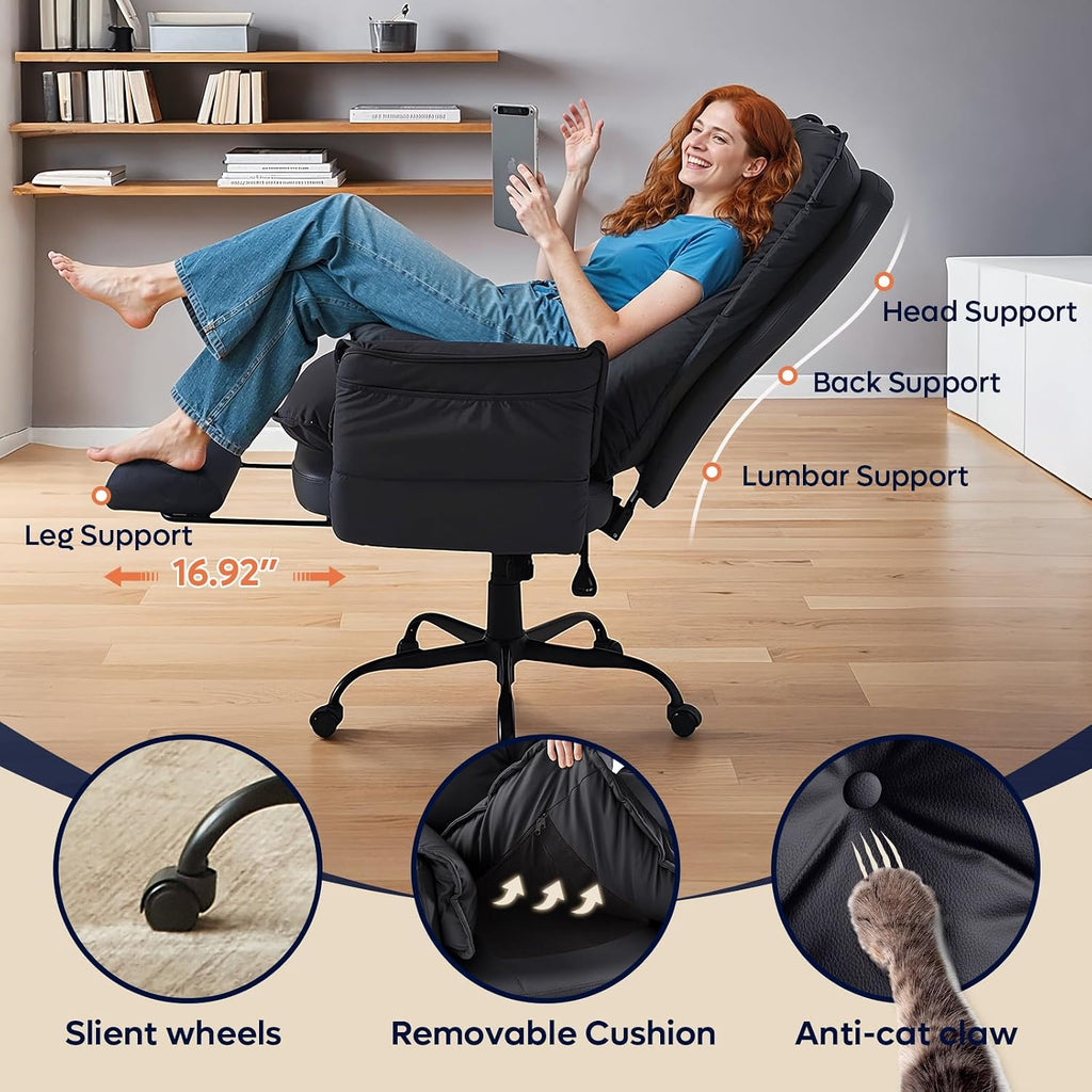 Bestier Cross Legged Office Chair with Footrest, High Back Criss Cross Chair with Reversible Armrests and Wheels, Big and Tall Reclining Office Chair for Home PU Leather Black