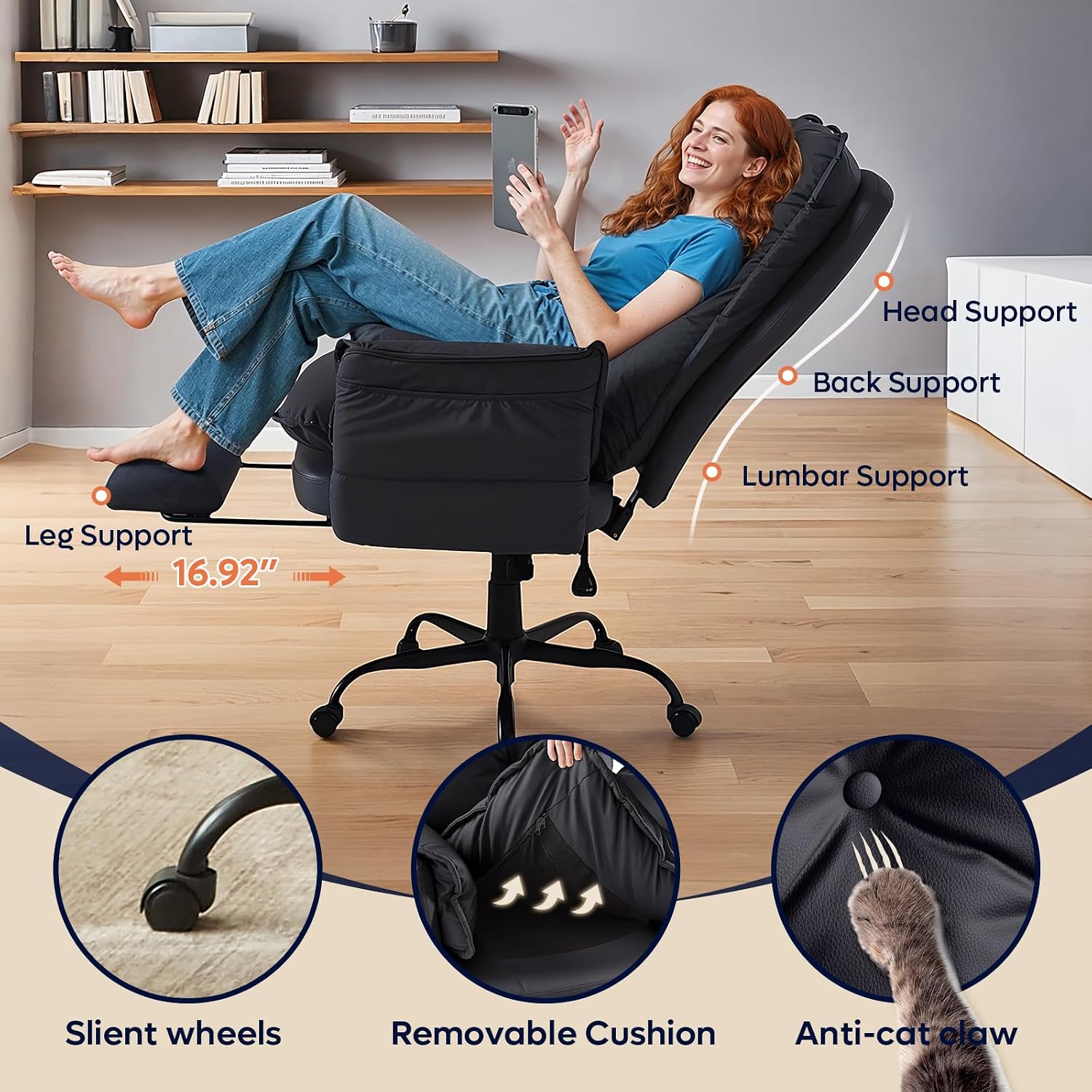 Bestier Cross Legged Office Chair with Footrest, High Back Criss Cross Chair with Reversible Armrests and Wheels, Big and Tall Reclining Office Chair for Home PU Leather Black