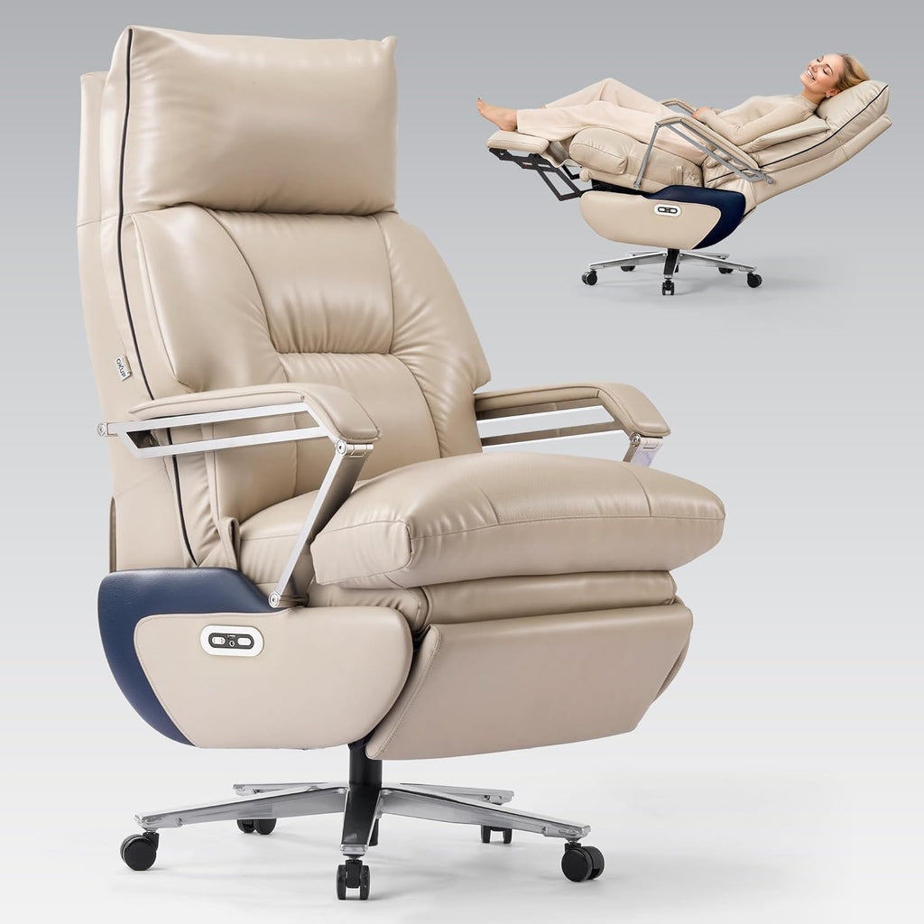 OKUP M80A Dual Motor Electric Executive Office Chair with Footrest, Comfortable Reclining Office Chair Wide Seat, Big and Tall Ergonomic Leather Home Office Desk Chair (Beige,No Massage)