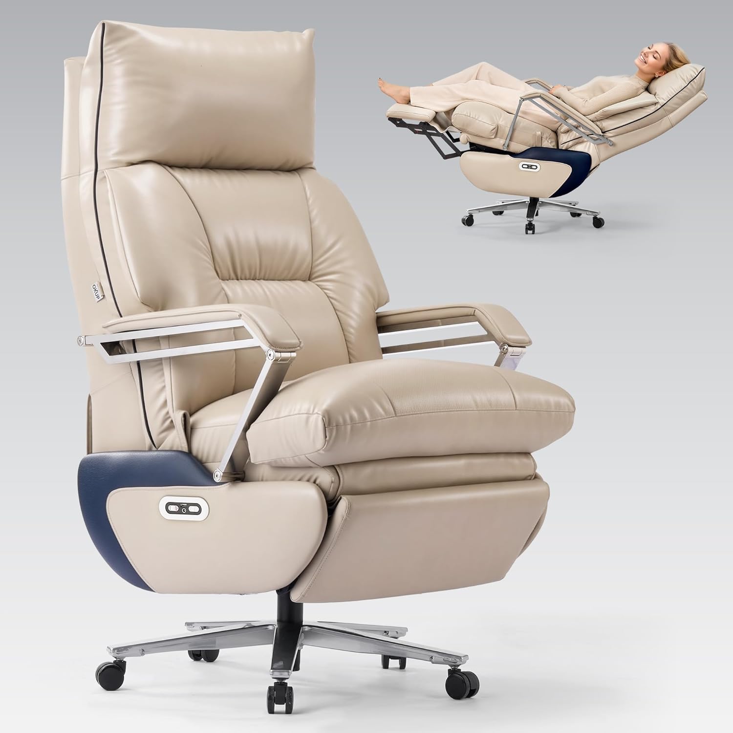 OKUP M80A Dual Motor Electric Executive Office Chair with Footrest, Comfortable Reclining Office Chair Wide Seat, Big and Tall Ergonomic Leather Home Office Desk Chair (Beige,No Massage)