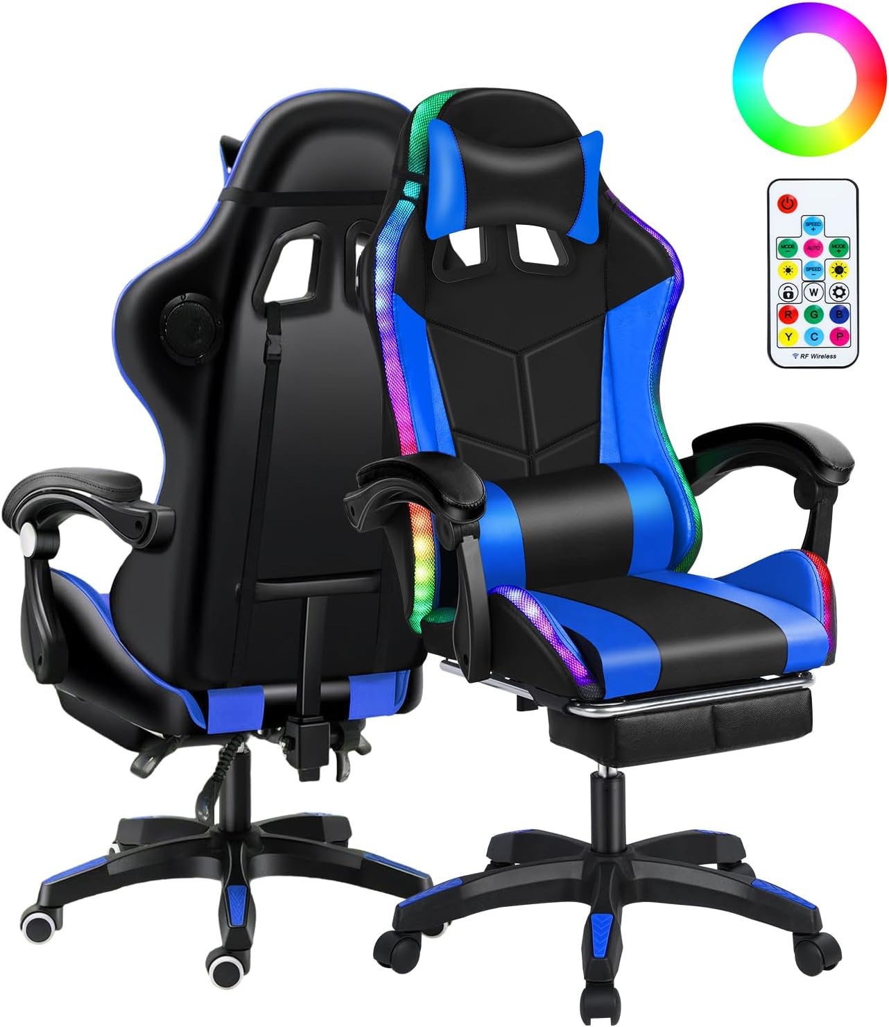 Gaming Chair with Speakers, Gamer Chair with Massage Height Adjustable, Ergonomic Office Computer Gaming Chair with Bluetooth-Compatible and RGB LED Lights for Adults Women Men (Blue)