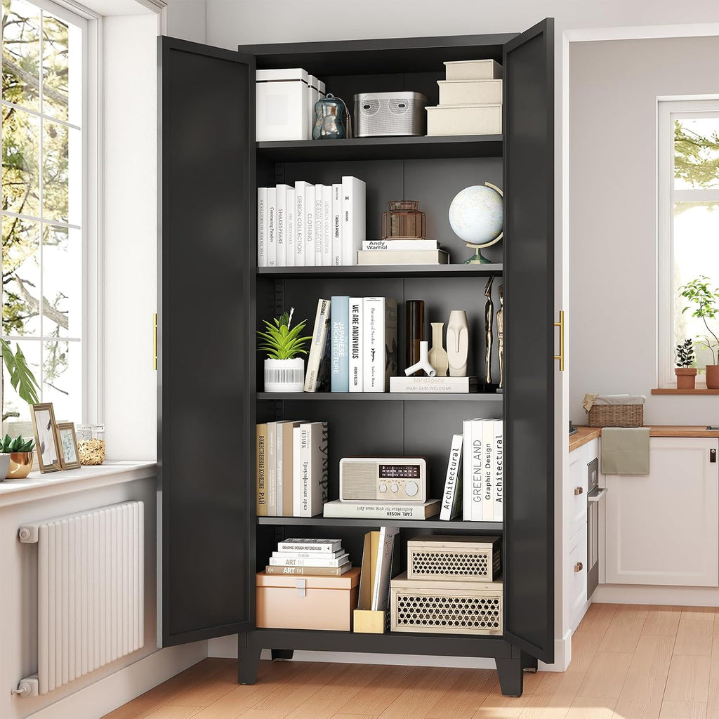 Zevemomo 70.87' H Metal Kitchen Pantry Cabinet, Freestanding Cupboard with 2 Doors and 4 Adjustable Shelves, Tall Metal Storage Cabinet for Kitchen, Bathroom, Dinning Room or Laundry Room （Black）
