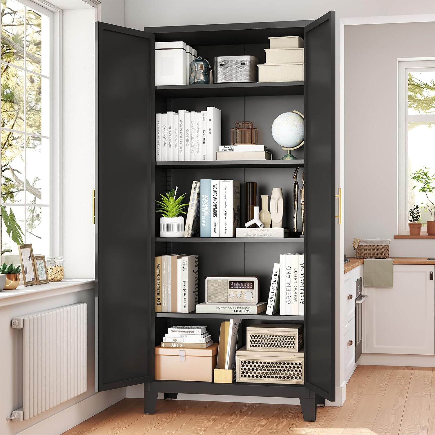 Zevemomo 70.87' H Metal Kitchen Pantry Cabinet, Freestanding Cupboard with 2 Doors and 4 Adjustable Shelves, Tall Metal Storage Cabinet for Kitchen, Bathroom, Dinning Room or Laundry Room （Black）