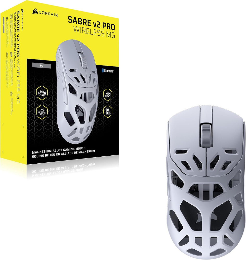 Corsair Sabre v2 PRO Wireless MG FPS Gaming Mouse – 33,000 DPI Marksman S Sensor, 8,000Hz Hyper-Polling, Durable Magnesium, Lightweight, Up to 120hr Battery – White