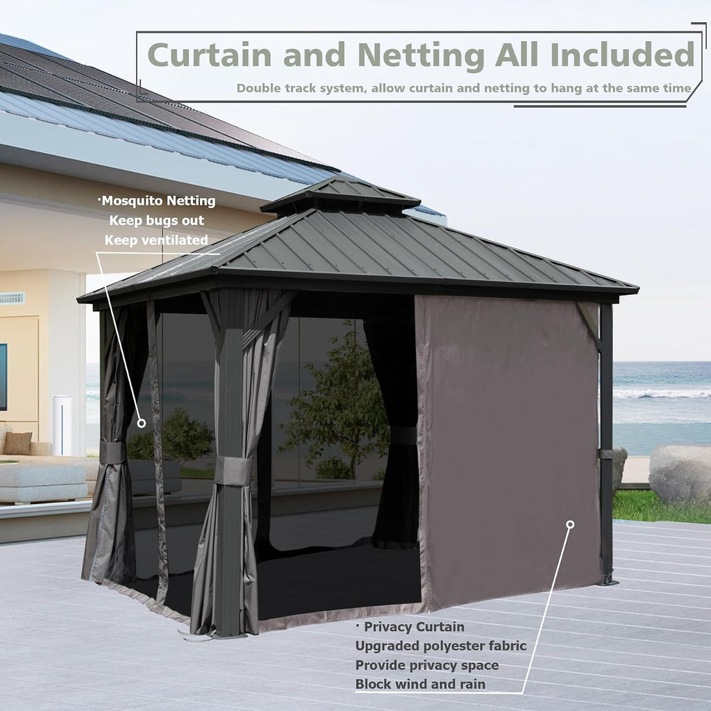 Domi Hardtop Gazebo 10x10FT, Aluminum Outdoor Gazebo with Galvanized Steel Double Roof Canopy, Curtains and Netting Included, Metal Gazebo Permanent Pavilion for Patio, Lawn, Garden, Gray