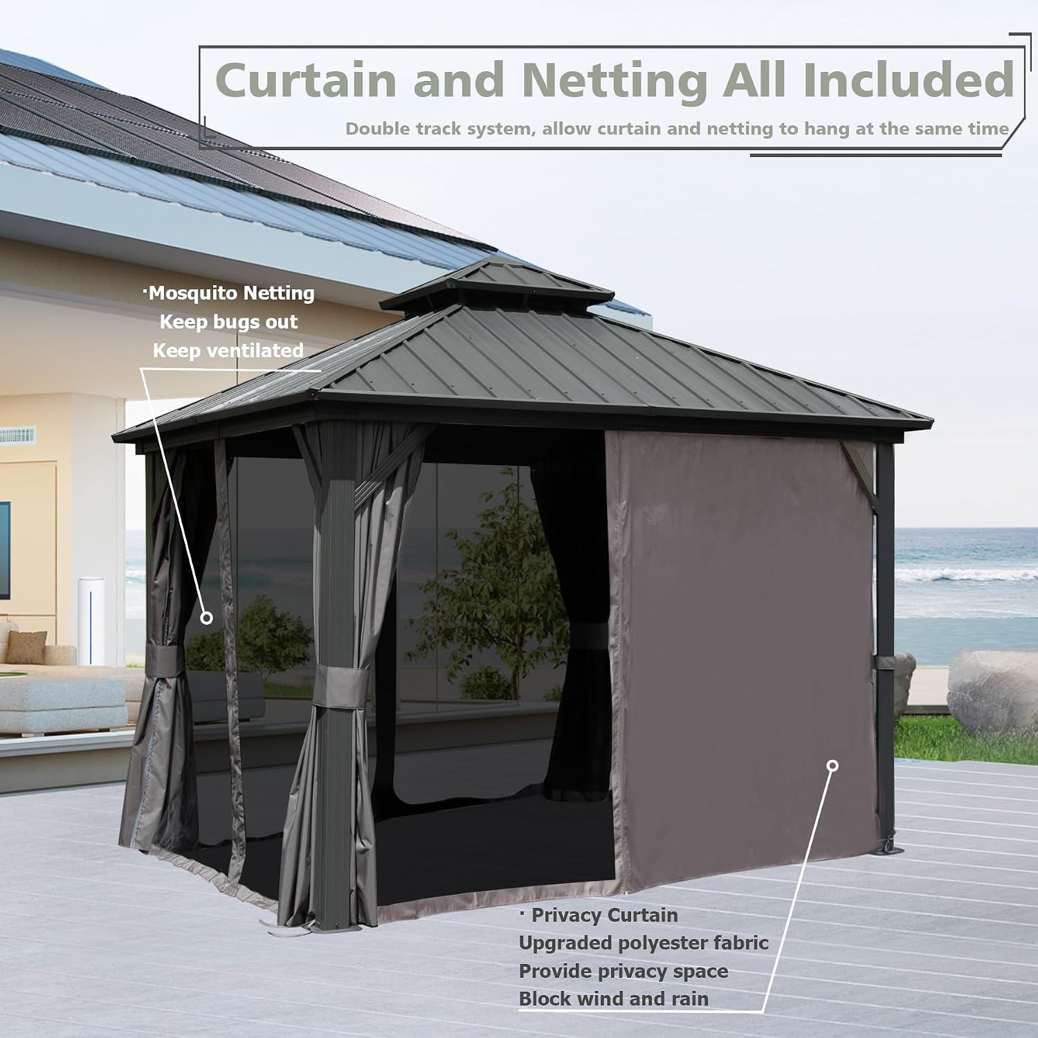 Domi Hardtop Gazebo 10x10FT, Aluminum Outdoor Gazebo with Galvanized Steel Double Roof Canopy, Curtains and Netting Included, Metal Gazebo Permanent Pavilion for Patio, Lawn, Garden, Gray