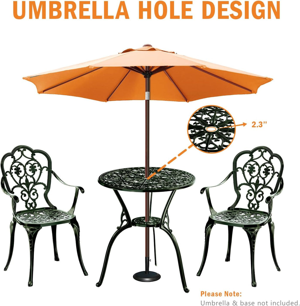 Patio Bistro Set of 2, Cast Aluminum, Outdoor Set w/Umbrella Hole, 3 Piece Table and Chairs Set, Bistro Set for Backyard/Garden/Lawn, Green