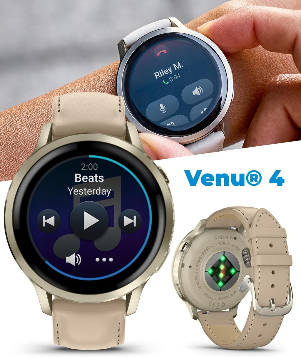 Garmin Venu 4-41mm AMOLED Advanced Health & Fitness GPS Smartwatch, Colorful Display, Built-in Flashlight, Lunar Gold w/Bone Silicone & Light Sand Leather Bands w/Wearable4U Black Earbuds Bundle