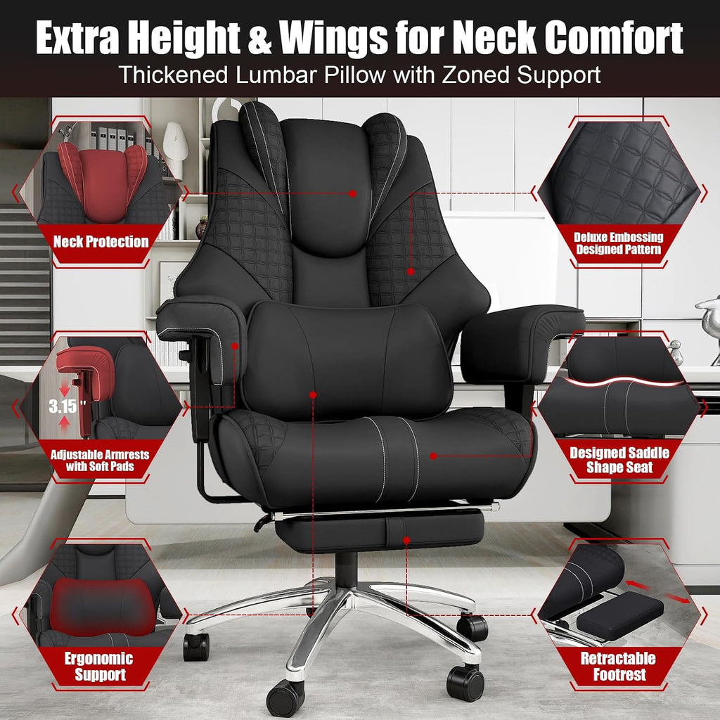 400lbs Big and Tall Office Chair, Wide Ergonomic Leather Executive Chair for Heavy People with Foot Rest, High-Back Reclining Computer Chair with Swivel Wheels and Lumbar Support (Black)