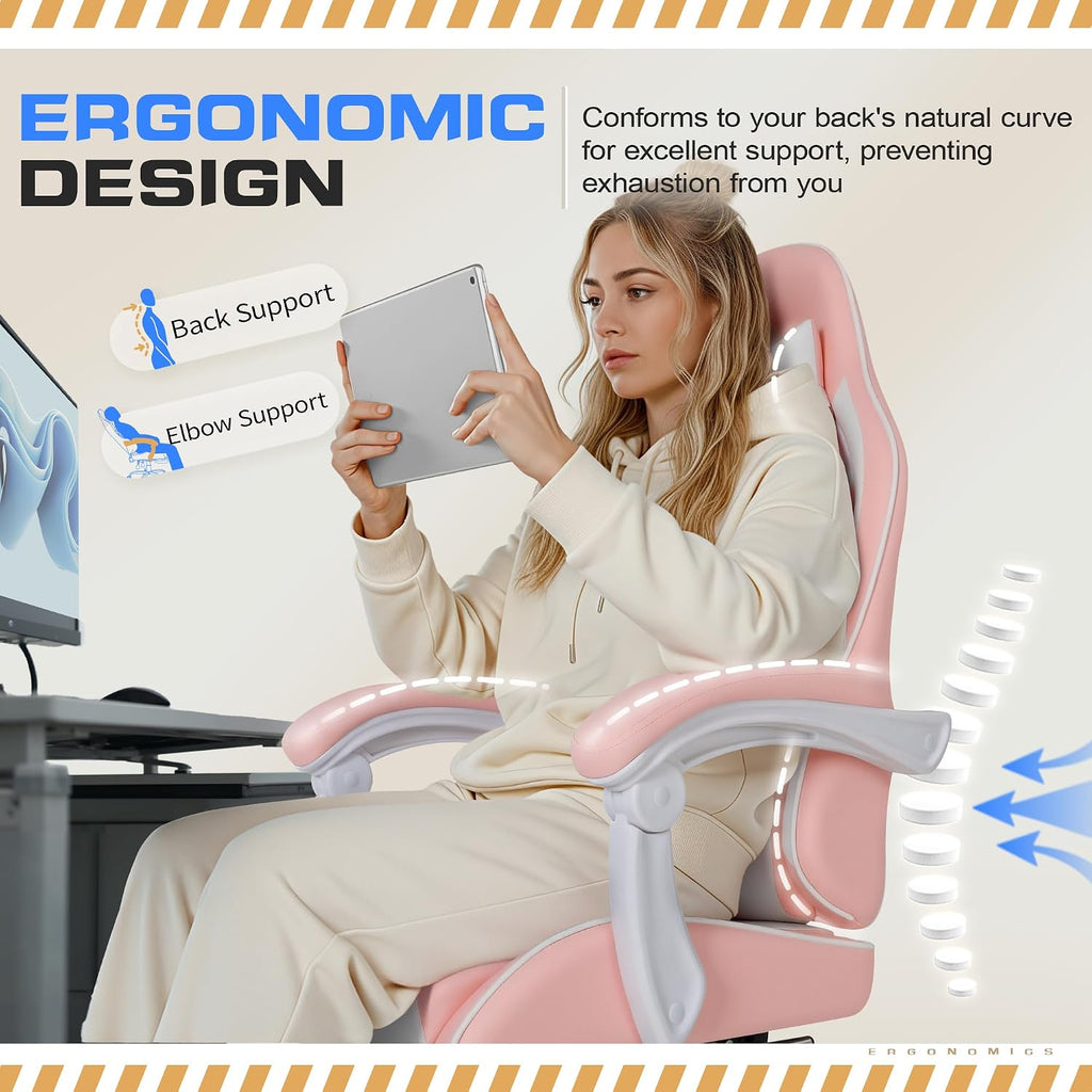 Shahoo Gaming Chair with Footrest and Massage Lumbar Support, Video Racing Seat Height Adjustable with 360° Swivel and Headrest for Office or Bedroom, Light Pink