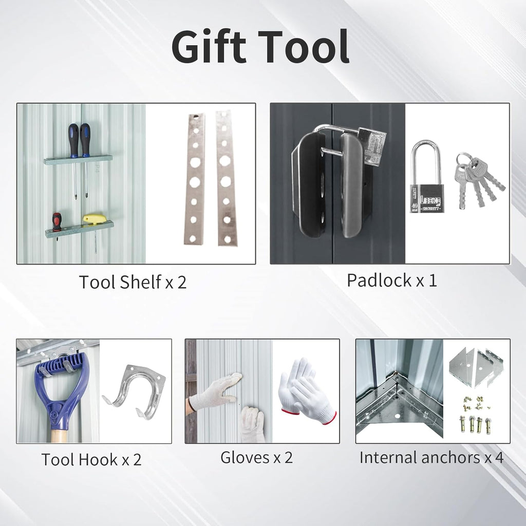 JT 8X6FT Outdoor Storage Shed, Galvanized Metal Garden Shed with Window and Metal Foundation, Tool Storage Shed for Patio Lawn Backyard (Gray- 8ft x 6ft)
