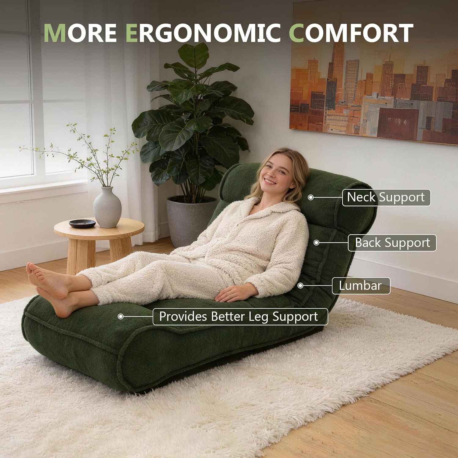 67'' Floor Chair with Back Support Meditation Chair Couch Recliner w Adjustable Backrest Lazy Floor Lounger Gaming Chair for Adults Sofa Bed Sleeper Chair Chaise Lounge Chair Indoor, Green