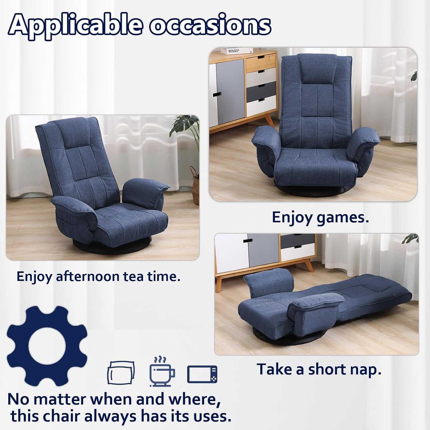 360 Degree Swivel Floor Chairs for Adults, Gaming Floor Chair with Back Support, 14 Angles Adjustable Comfortable Floor Lounge Chair Folding Video Game Chairs Office Bedroom 201(Blue)