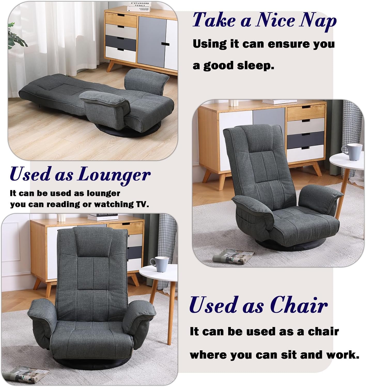360 Degree Swivel Floor Chairs for Adults, Gaming Floor Chair with Back Support, 14 Angles Adjustable Comfortable Floor Lounge Chair Folding Video Game Chairs Office Bedroom 201 (Dark Grey)