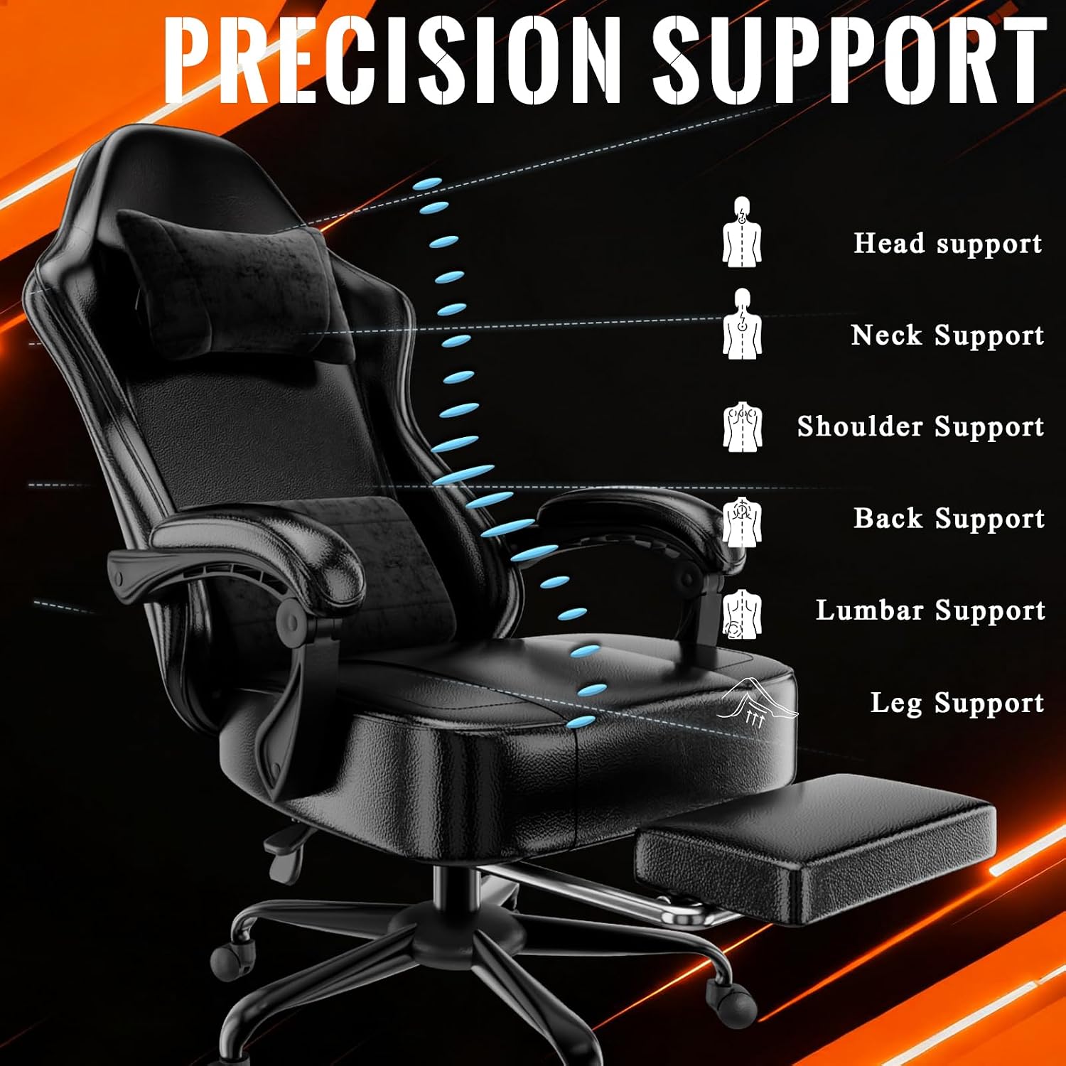 Ergonomic Gaming Chair with Footrest, PU Leather Video Game Chairs for Adults, Comfortable Computer Chair for Heavy People, Reclining Gamer Chair Office Chair with Lumbar Support, Dark Black