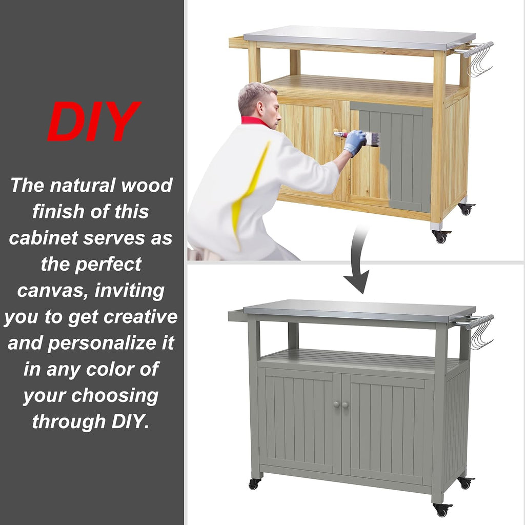 GDLF Outdoor Storage Cabinet Wood Outdoor Kitchen Prep Grill Table with Stainless Steel Top Waterproof Cover (Natural Wood Color)