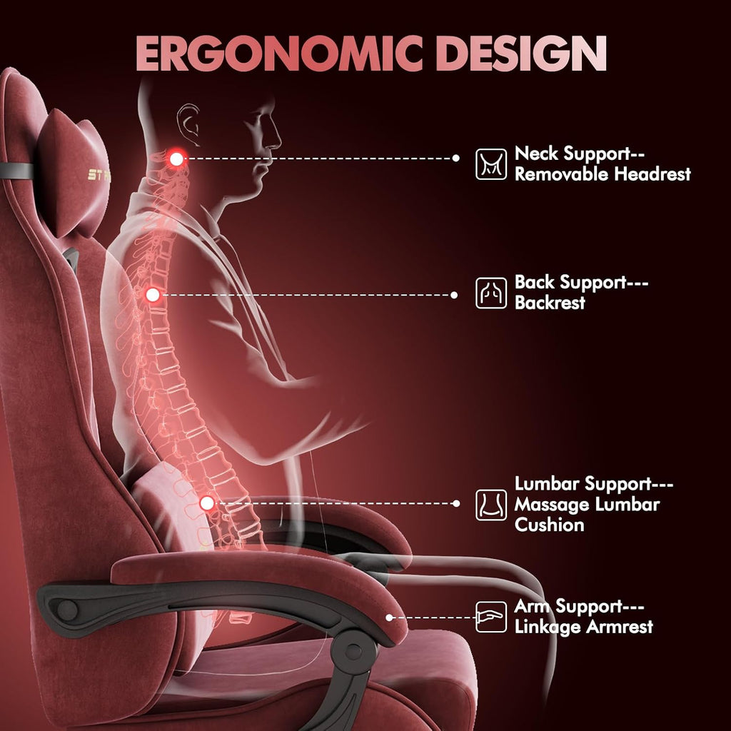 Soontrans Ergonomic Velvet Fabric Gaming Chair with Footrest, Comfortable Video Gamer Chair for Adult, Reclining Ergonomic Office Computer Desk Game Chairs with Massage Lumbar Cushion,Headrest