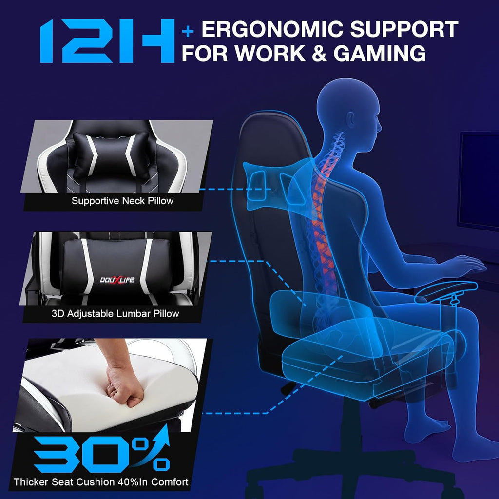 Douxlife 7-Point Massage Gaming Chair with Footrest, 400lbs Heavy Duty Ergonomic Computer Chair, 175° Reclining High Back Racing Seat for Adults with Adjustable Armrests & Lumbar Support, White