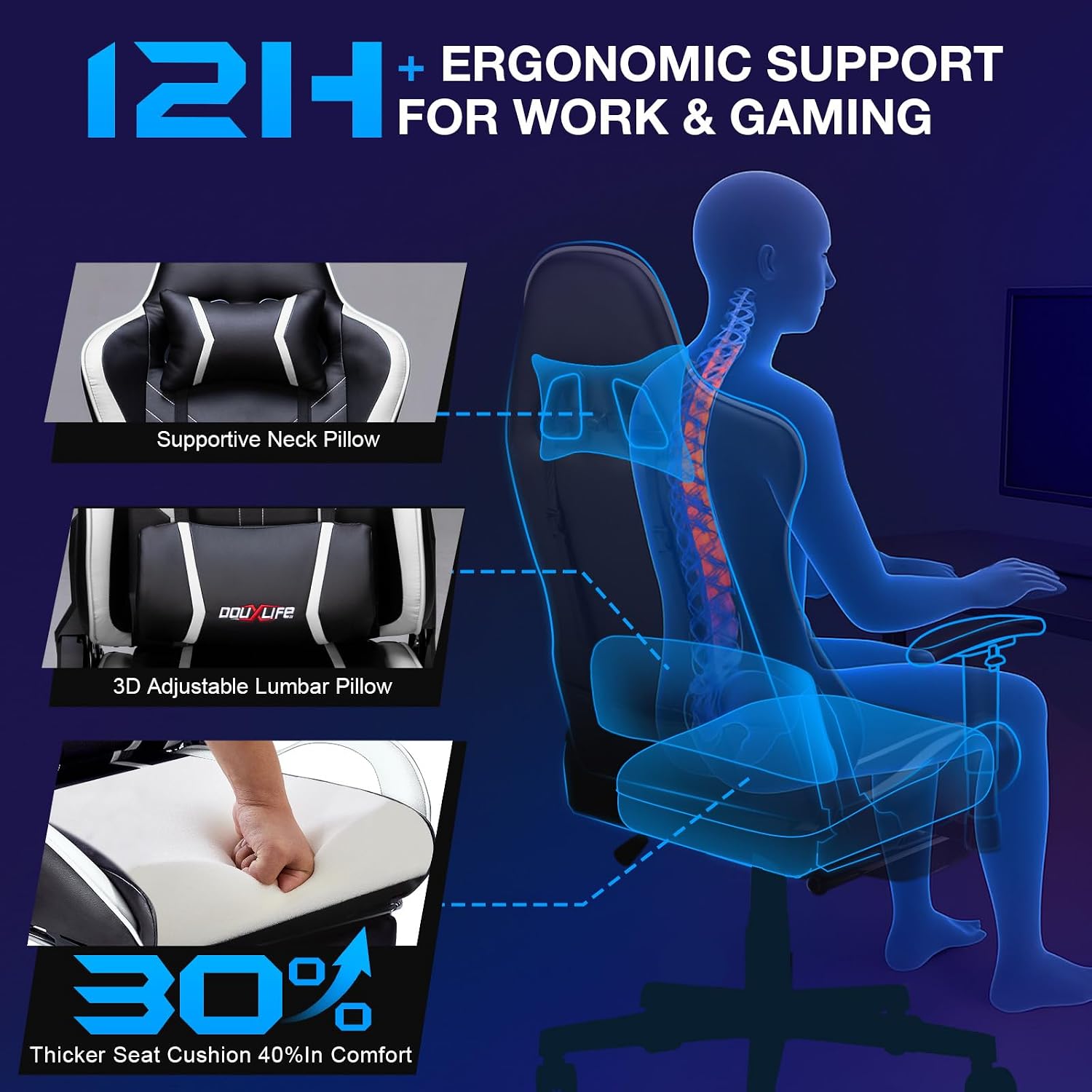 Douxlife 7-Point Massage Gaming Chair with Footrest, 400lbs Heavy Duty Ergonomic Computer Chair, 175° Reclining High Back Racing Seat for Adults with Adjustable Armrests & Lumbar Support, White