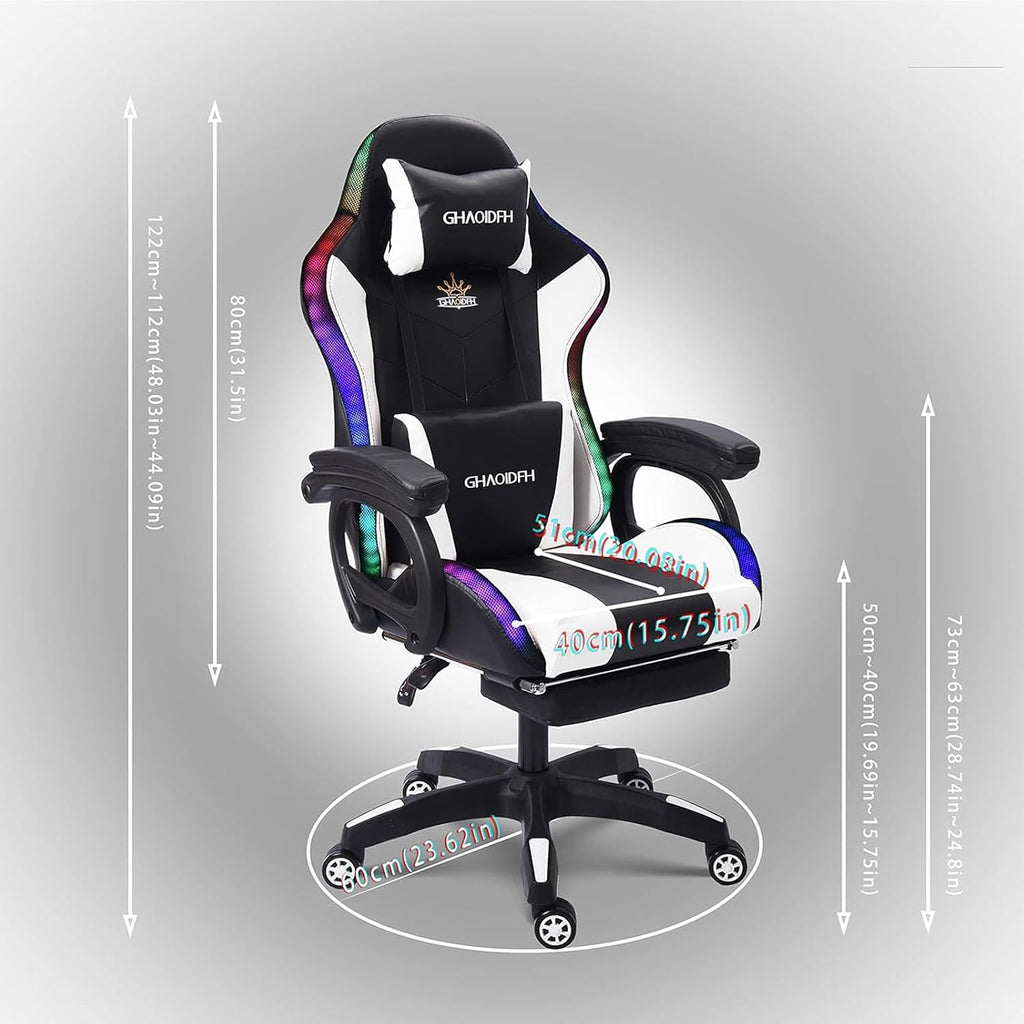 Gaming Chair with Bluetooth Speakers,Computer Chair Massage with LED Lights,Ergonomic Game Chair,Computer Stool with Footrest and Lumbar Support Height Adjustable with 360°-Swivel Seat (White)