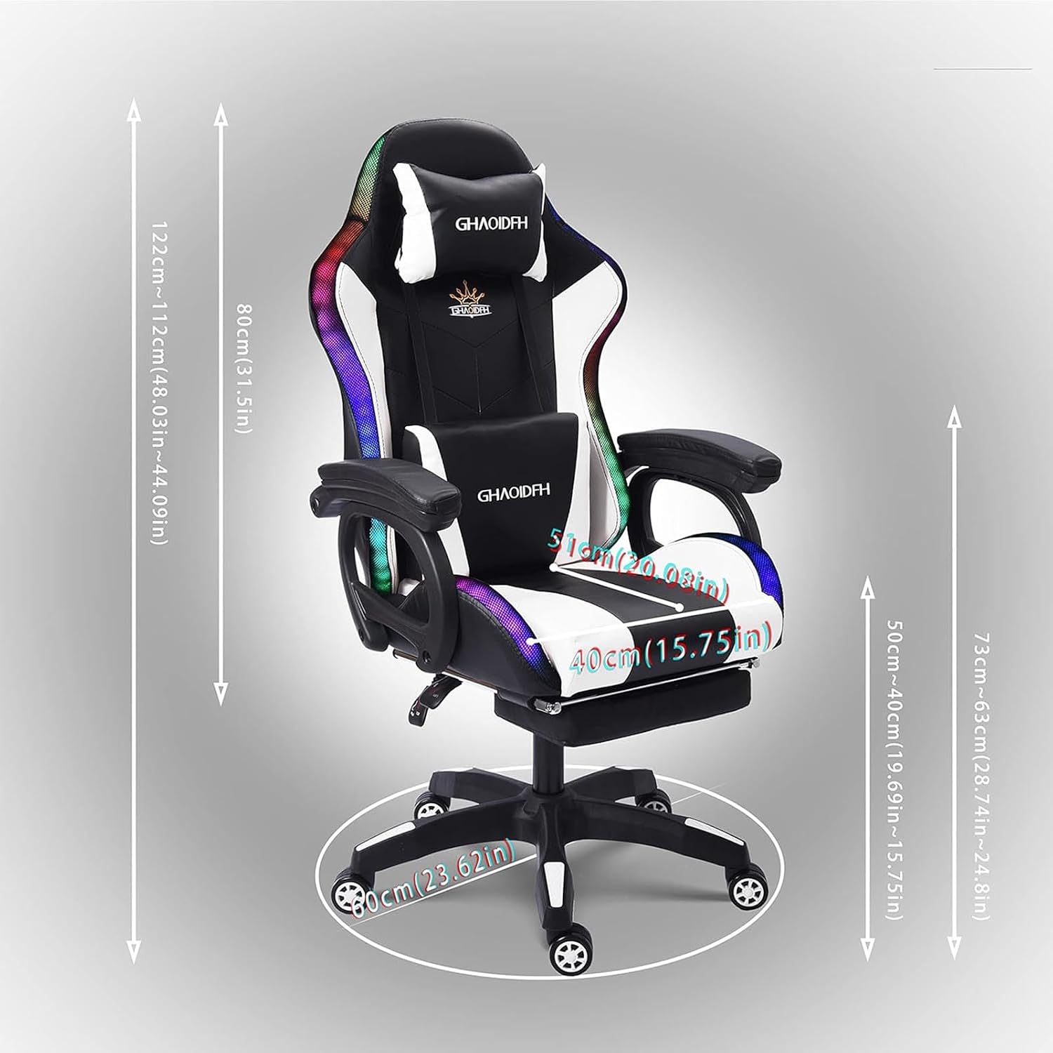 Gaming Chair with Bluetooth Speakers,Computer Chair Massage with LED Lights,Ergonomic Game Chair,Computer Stool with Footrest and Lumbar Support Height Adjustable with 360°-Swivel Seat (White)