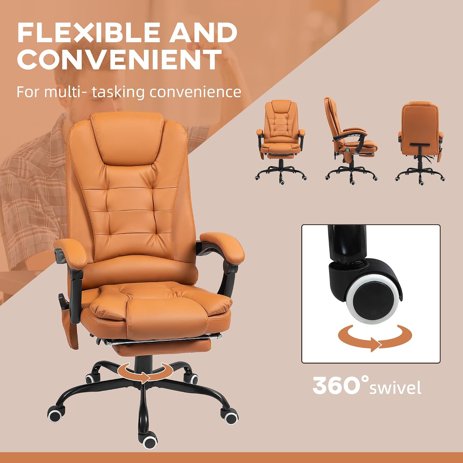 Vinsetto 7-Point Vibrating Massage Office Chair, High Back Computer Chair with Lumbar Support, Footrest, Reclining Back, Adjustable Height, Light Brown