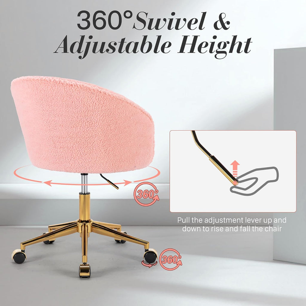 KCC Faux Fur Office Desk Chair, Comfy Fluffy Swivel Modern Leisure Armchair with Wheels, Upholstered Comfy Fuzzy Vanity Makeup Chair Height Adjustable for Teens Women Girls Elegant Home Office(Pink)