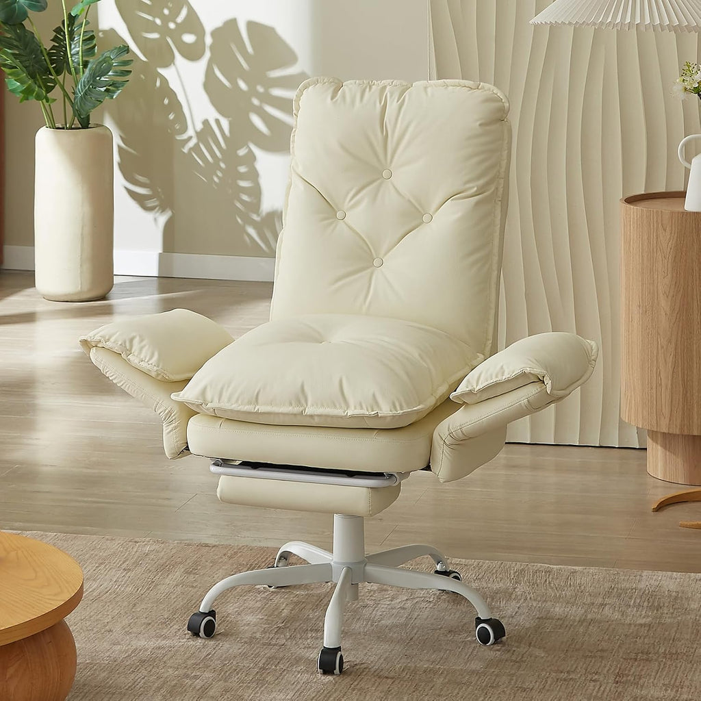 Bestier Cross Legged Office Chair with Footrest, High Back Criss Cross Chair with Reversible Armrests and Wheels, Big and Tall Reclining Office Chair for Home PU Leather Beige