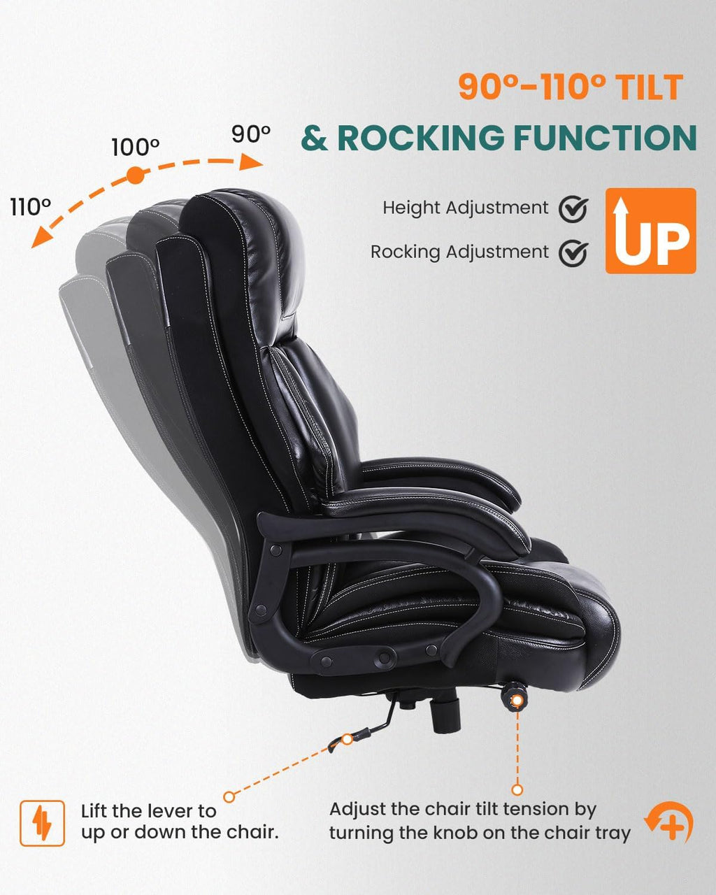 BOSMILLER 650lbs Large Big and Tall Office Chair for Heavy People with Adjustment Lumbar Support, Comfy Padded Heavy Duty Leather Executive Office Chair with Quiet Rubber for Adults 8 Hours Daliy Work