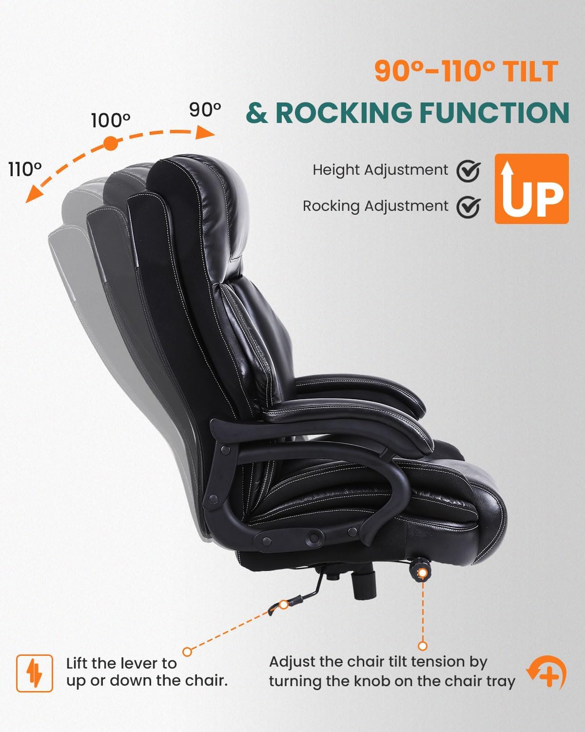 BOSMILLER 650lbs Large Big and Tall Office Chair for Heavy People with Adjustment Lumbar Support, Comfy Padded Heavy Duty Leather Executive Office Chair with Quiet Rubber for Adults 8 Hours Daliy Work