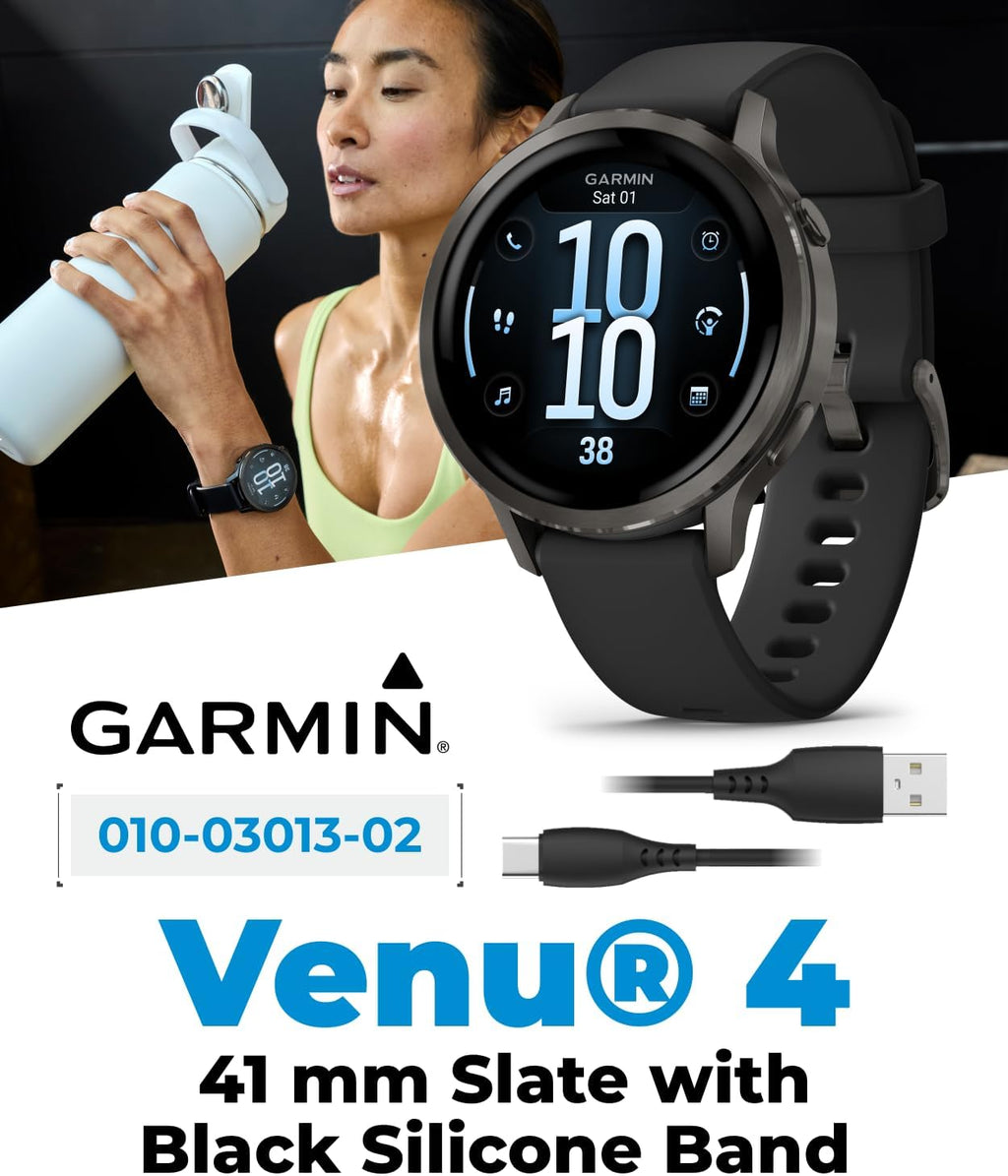 Garmin Venu 4 41mm AMOLED Advanced Health & Fitness GPS Smartwatch, Bright & Colorful Display, Built-in Flashlight, Up to 10 Days, Slate with Black Silicone Band w/Wearable4U PowerBank Bundle