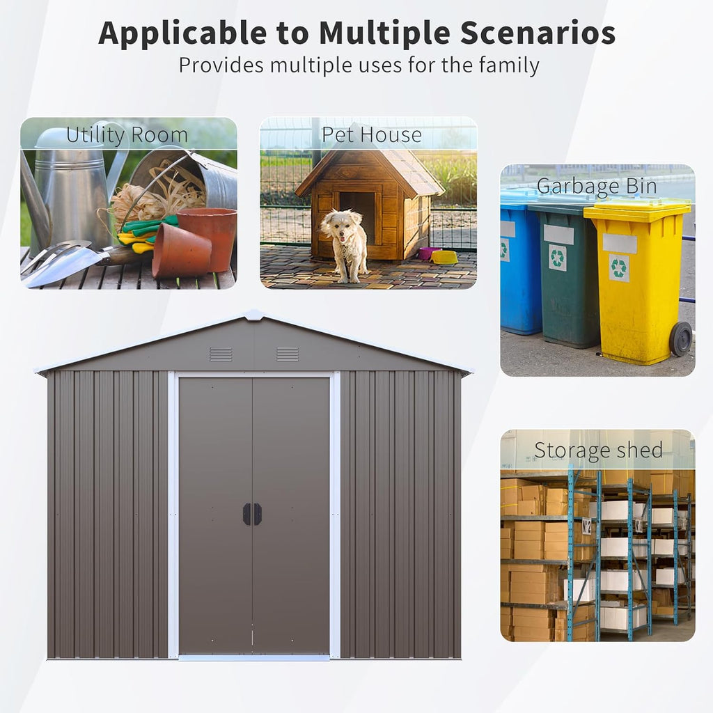 KEIKI 8x4 FT Outdoor Metal Storage Shed with Peaked Roof,Vents,Window and Metal Foundation for Garden Yard Lawn