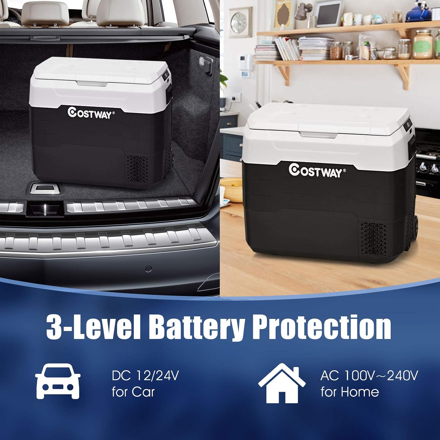COSTWAY Car Refrigerator with Wheels, 42-Quart Dual-zone Electric Cooler with Telescopic Handle, 12V/24V DC, 100-240V AC, -4°F To 50°F, Portable Fridge Freezer for RV Camping Travel, White+Black