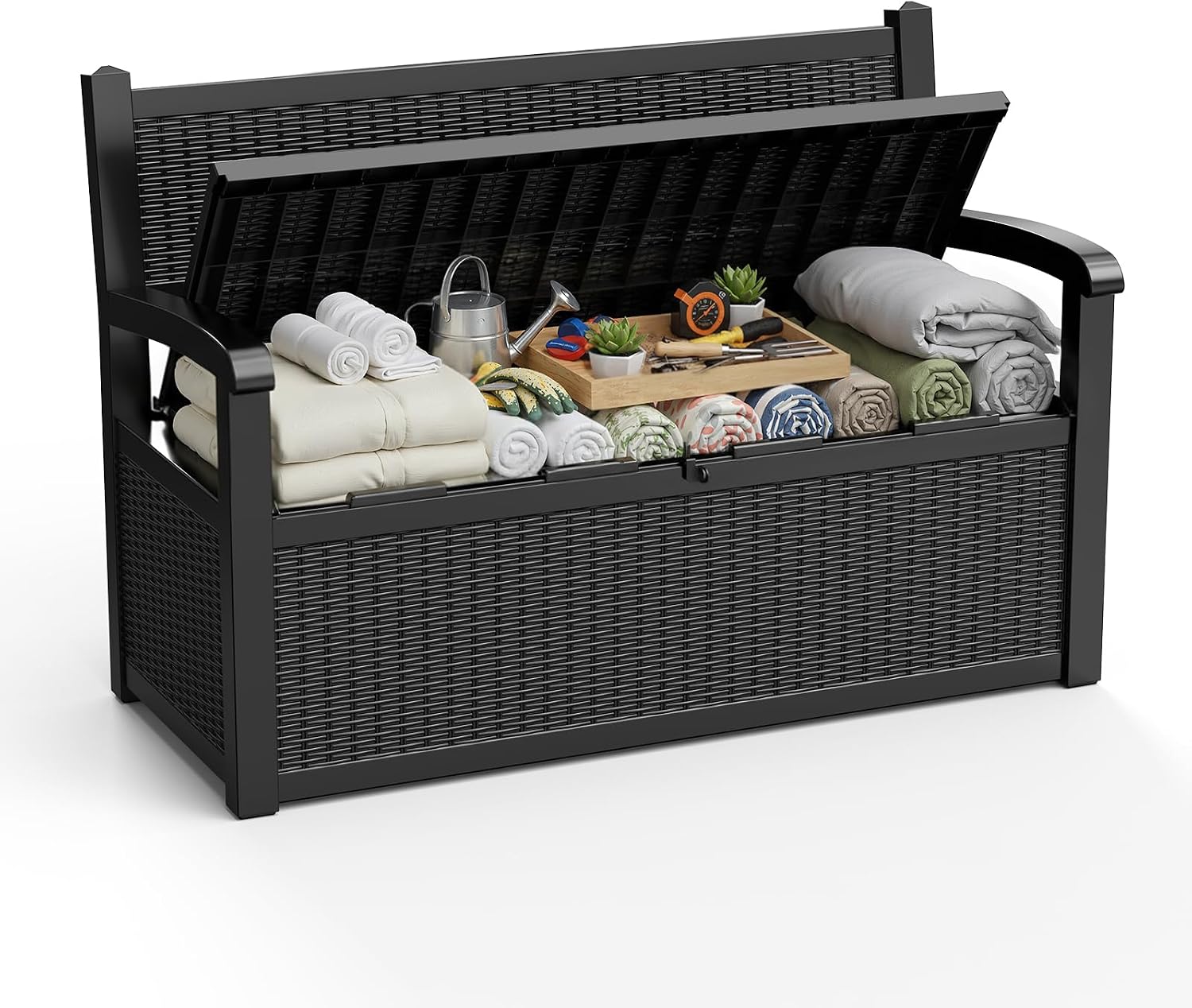 ROJIK 80 Gallon Storage Bench Deck Box Outdoor with Armrests, Resin Storage Furniture Waterproof Lockable for Porch Patio and Garden,Sturdy and Durable, Black