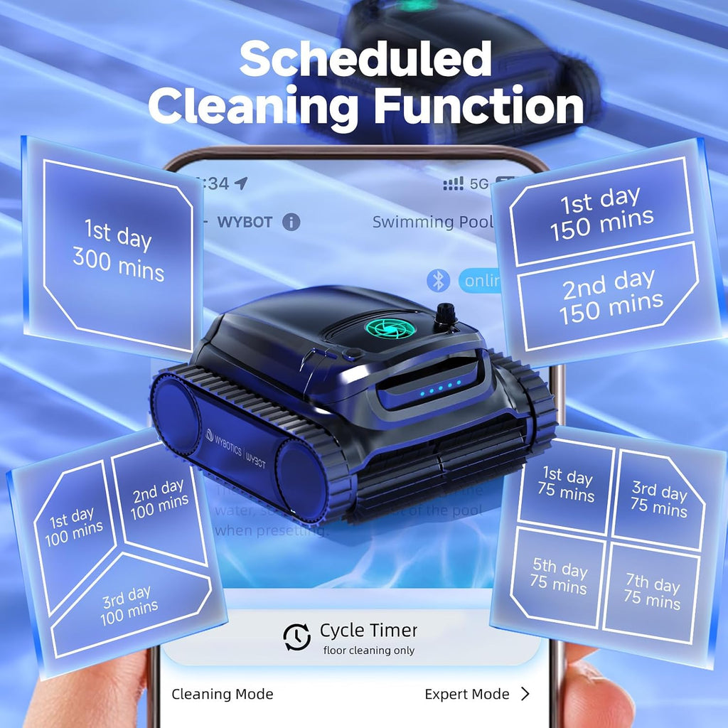 WYBOT M1 Robotic Pool Vacuum Cleaner, 7 Modes & 6 Paths, Dual Filtration, App Control, 120W Brushless Motor, 10,000mAh Battery, 300mins Runtime, Covers 4,305 Sq.Ft, Black&Green
