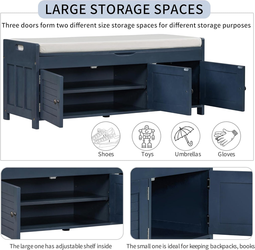 Storage Bench with 3 Shutter-Shaped Doors and Flip-Open Storage Box, Shoe Rack for Entryway and Hallway,Shoe Bench with Adjustable Shelves Storage Space and Removable Seat Cushion, Antique Navy