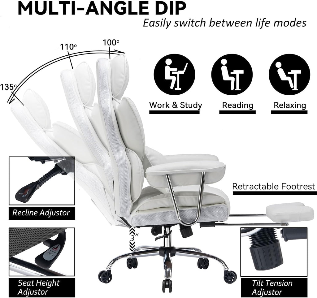 Efomao Big and Tall Office Chair, 400lbs Heavy Duty High Back Executive Chair with 23.6' Extra Wide Seat, PU Leather Desk Chair with Footrest and Padded Armrests, White